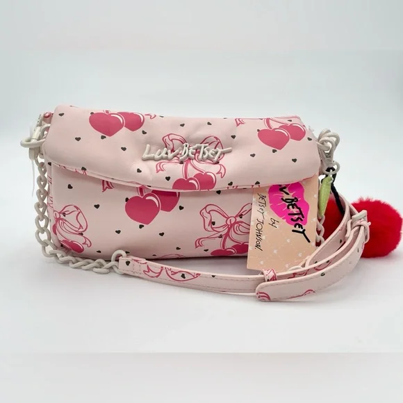 BETSEY JOHNSON Pink Bow LBCORAL Cherries Hearts Crossbody Purse with Pom Pom - Picture 8 of 9